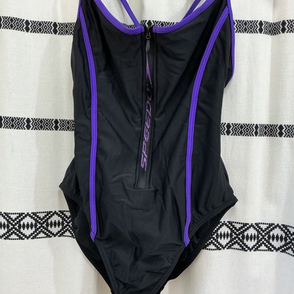Y2K Vintage Speedo One Piece Swimsuit Women's M Black Purple Zip Front 90s 2000s - Picture 5 of 5